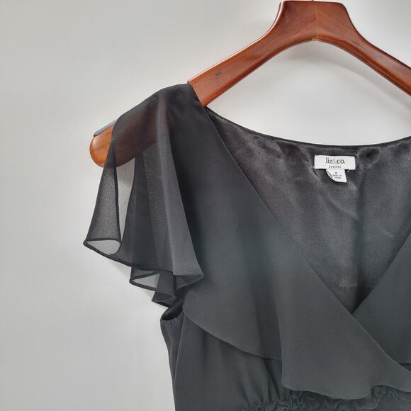 VTG Liz & Co Cocktail Dress Womens 8 Black Ruffled Detail V-Neck Flutter Sleeve - Picture 8 of 13
